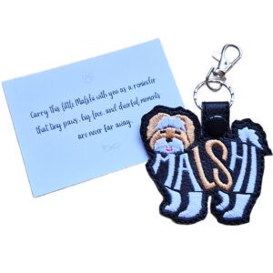 Black embroidered Malshi word art keyring shown beside its keepsake card with a sentimental dog lover message.