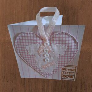 New Baby Card with heart, pink and white gingham fabric