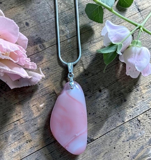Elegant Pale Pink Handmade Glass Fused Pendant with Sterling Silver Chain - Image 2