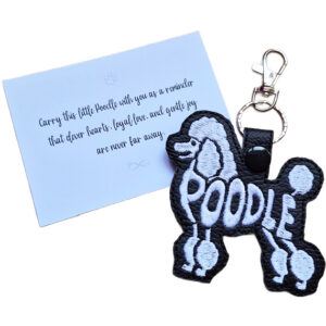 Black embroidered Poodle word art keyring shown beside its keepsake card with a sentimental dog lover message.