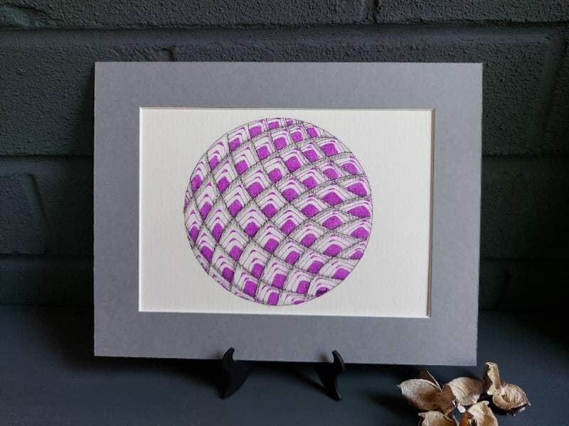 Purple Geometric Circle, original (not a print) contemporary artwork in grey mount