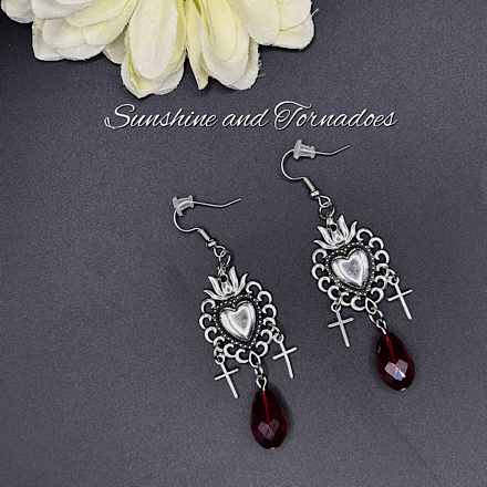 Gothic Sacred Heart Earrings with Red Crystal Drops, Handmade Dark Romantic Jewellery, Victorian Goth Cross Dangle Earrings, Alternative Gift for Her - Image 8