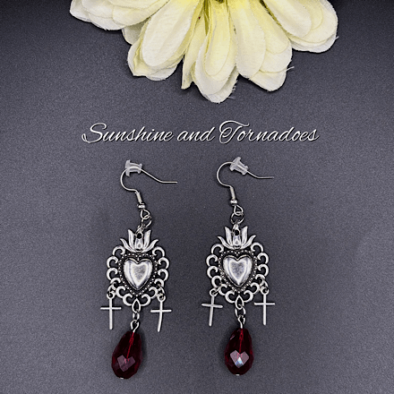 Gothic Sacred Heart Earrings with Red Crystal Drops, Handmade Dark Romantic Jewellery, Victorian Goth Cross Dangle Earrings, Alternative Gift for Her - Image 9