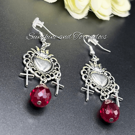 Gothic Sacred Heart Earrings with Red Crystal Drops, Handmade Dark Romantic Jewellery, Victorian Goth Cross Dangle Earrings, Alternative Gift for Her - Image 7