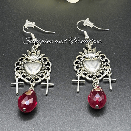 Gothic Sacred Heart Earrings with Red Crystal Drops, Handmade Dark Romantic Jewellery, Victorian Goth Cross Dangle Earrings, Alternative Gift for Her - Image 6