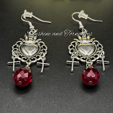 Gothic Sacred Heart Earrings with Red Crystal Drops, Handmade Dark Romantic Jewellery, Victorian Goth Cross Dangle Earrings, Alternative Gift for Her - Image 5