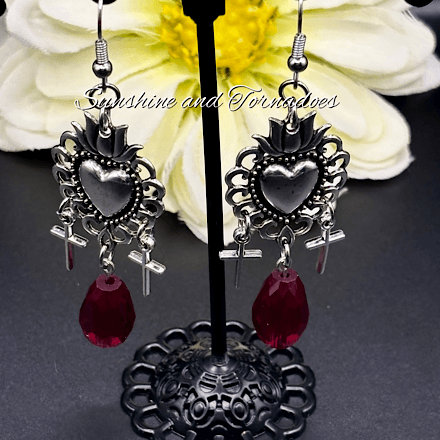 Gothic Sacred Heart Earrings with Red Crystal Drops, Handmade Dark Romantic Jewellery, Victorian Goth Cross Dangle Earrings, Alternative Gift for Her - Image 3