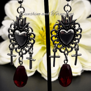 Gothic Sacred Heart Earrings with Red Crystal Drops, Handmade Dark Romantic Jewellery, Victorian Goth Cross Dangle Earrings, Alternative Gift for Her