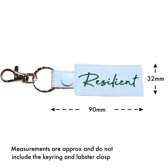 Embroidered Resilient keyring with size guide showing approximate measurements of 90mm by 32mm excluding the keyring and lobster clasp.