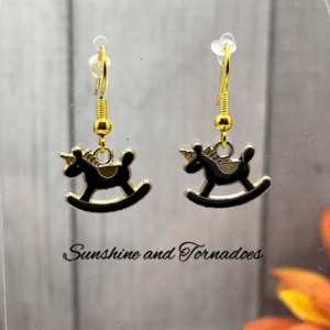 Handmade Rocking Horse Earrings – Hypoallergenic Stainless Steel Ear Wires – Cute Black Rocking Horse Dangle Earrings – Whimsical Jewellery Gift for Her