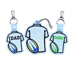 Rugby Dad or Daddy gift keyring and hanging charm made from faux leather with embroidered rugby shirt design