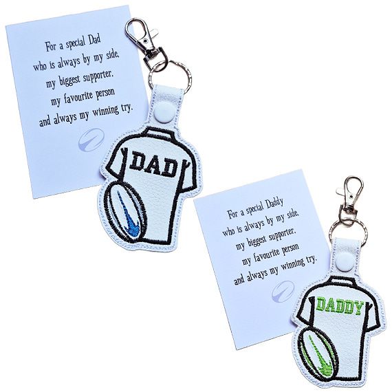Rugby Dad and Daddy keyrings with matching keepsake cards featuring embroidered rugby shirt designs and special supporter wording