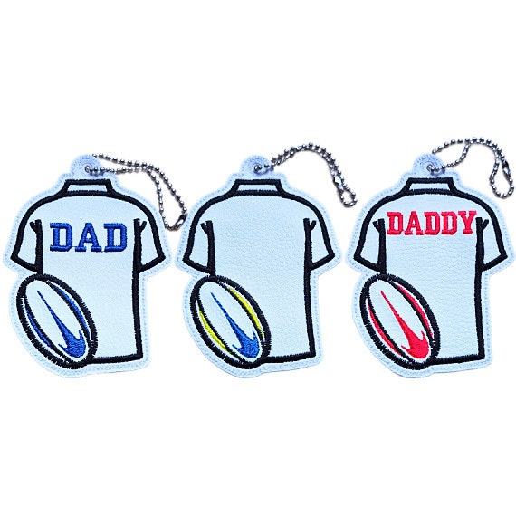 Rugby Dad or Daddy hanging charms made from faux leather with embroidered rugby shirt designs in blank, Dad and Daddy options