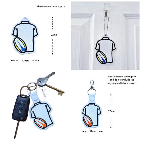 Rugby Dad or Daddy keyring and hanging charm size guide showing embroidered rugby shirt designs with approximate measurements of 102mm x 77mm for the charm and 95mm x 59mm for the keyring