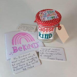 A kindness gift set. A kindness jar filled with positivity and love. Two hand stencilled cards. All proceeds to The Stroke Association.