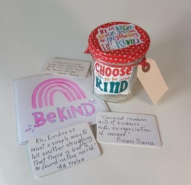 A kindness gift set. A kindness jar filled with positivity and love. Two hand stencilled cards. All proceeds to The Stroke Association.