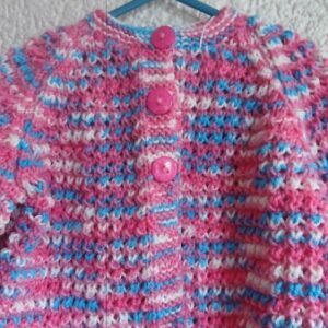 Hand knitted baby cardigan. Pink. Approx 6 to 12 mths. Proceeds to The Stroke Association