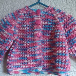 Hand knitted baby cardigan. Pink. Approx 6 to 12 mths. Proceeds to The Stroke Association