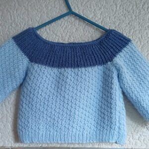 Hand- knitted baby jumper in blue. Approx 3 to 6 mths. All proceeds to The Stroke Association