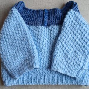 Hand- knitted baby jumper in blue. Approx 3 to 6 mths. All proceeds to The Stroke Association