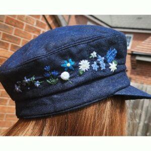 CUSTOM ORDER For Hayley, Denim Cap, hand embroidered with a variety of blue and white flowers, and leaves