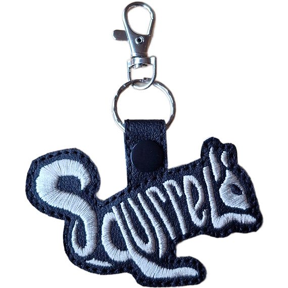 Black faux leather squirrel word art keyring with light embroidered 'Squirrel' lettering, black snap fastening and silver lobster clasp hardware.
