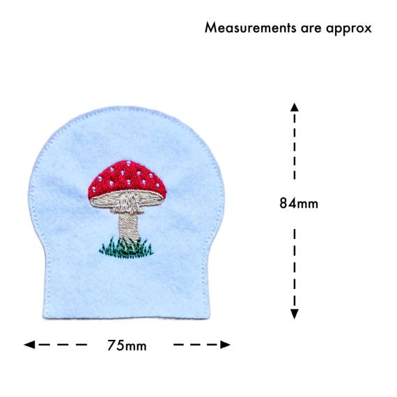 Toadstool tealight cover size guide showing the embroidered felt cover measuring approximately 75mm wide by 84mm high.