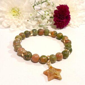 Unakite Beaded Bracelet with Unakite Star Charm & 18K Gold-Plated Accents