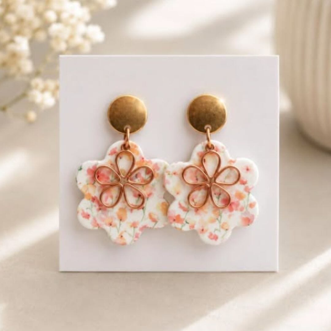 Soft Blossom Rose Gold Flower Earrings – Floral Polymer Clay Statement Earrings – Handmade in Sheffield