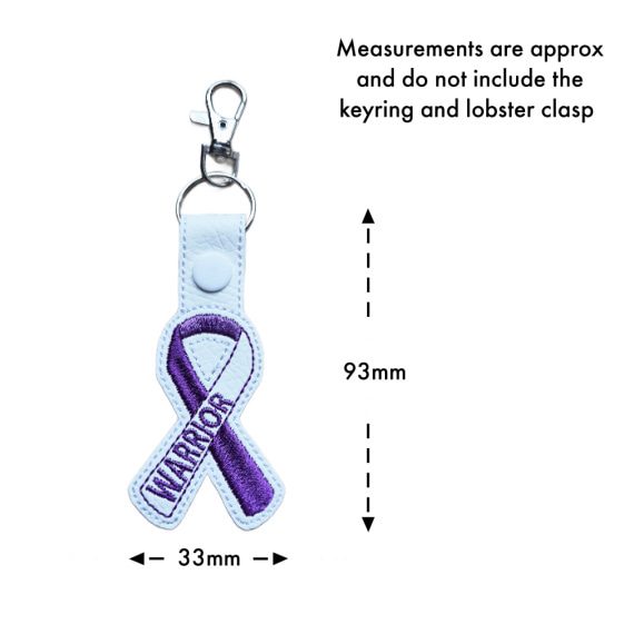 Size guide for embroidered Warrior awareness ribbon keyring, showing approximate measurements of 93mm high by 33mm wide, not including the keyring or lobster clasp.