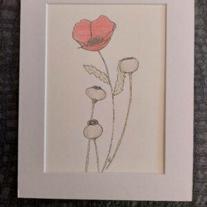 Original Hand-Drawn Botanical Poppy Art – Delicate Pen and Ink with Soft Colors