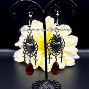 Gothic Sacred Heart Earrings with Red Crystal Drops, Handmade Dark Romantic Jewellery, Victorian Goth Cross Dangle Earrings, Alternative Gift for Her