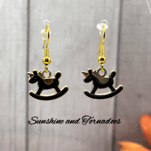 Handmade Rocking Horse Earrings – Hypoallergenic Stainless Steel Ear Wires – Cute Black Rocking Horse Dangle Earrings – Whimsical Jewellery Gift for Her