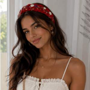 Red Headband with roses, leaves and beads, Hand embroidered