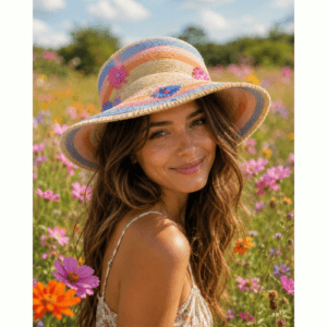 Hand embroidered Striped Straw Hat with flowers, for a smaller size head