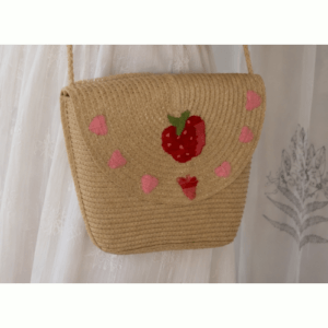 SALE Straw Bag, hand embroidered with strawberries and hearts