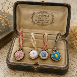 Mini Hoop Embroidery Flower Pendants on Liberty spaghetti ribbon, 4 available separately