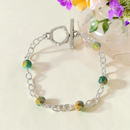 Multi-coloured Bead & Chain Bracelet With Decorative Toggle Clasp