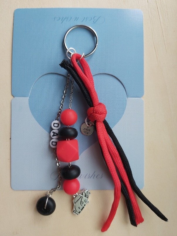 Personalised "Dad" Car Theme Keyring with Cord Tassel & Geometric Beads - Image 3