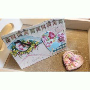 Pretty embroidered Heart Magnet with roses and Vintage card Set, Handmade