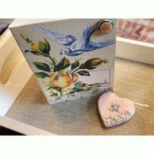 Pretty embroidered Heart Magnet with lilac rose and Vintage card Set, Handmade