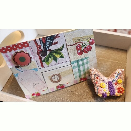 Pretty embroidered Butterfly Magnet and Vintage card Set, Handmade
