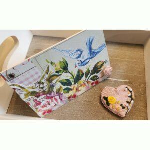 Pretty embroidered Heart Magnet with yellow rose and Vintage card Set, Handmade