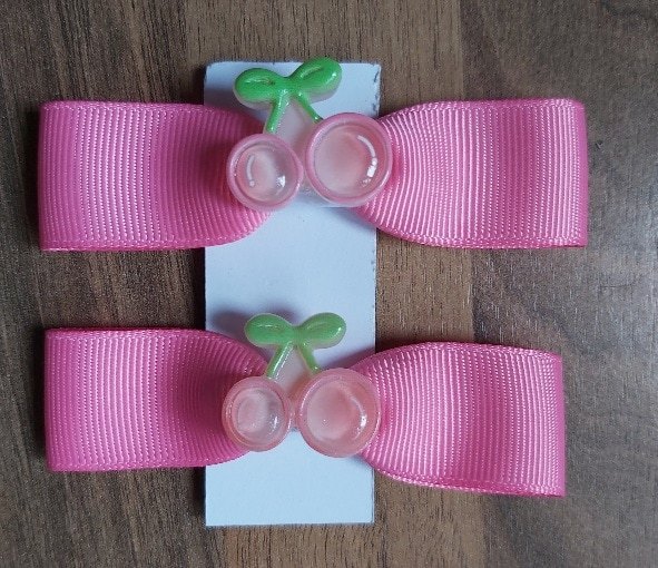 Pink Ribbon Cherry Hair Ties | Pair of Handmade Bow bobbles