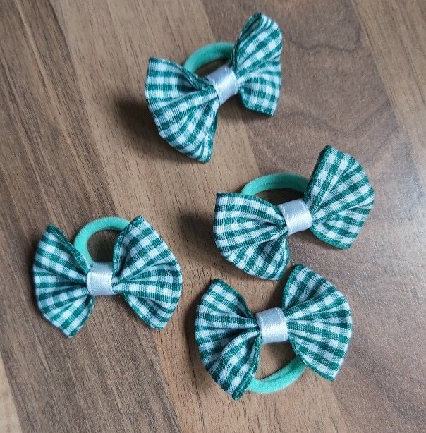 Green Gingham School Hair Bows | Pack of 4 Summer Uniform hair ties - Image 2