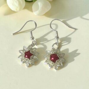 Silver & Red Lotus Flower Earrings With Sterling Silver Hooks