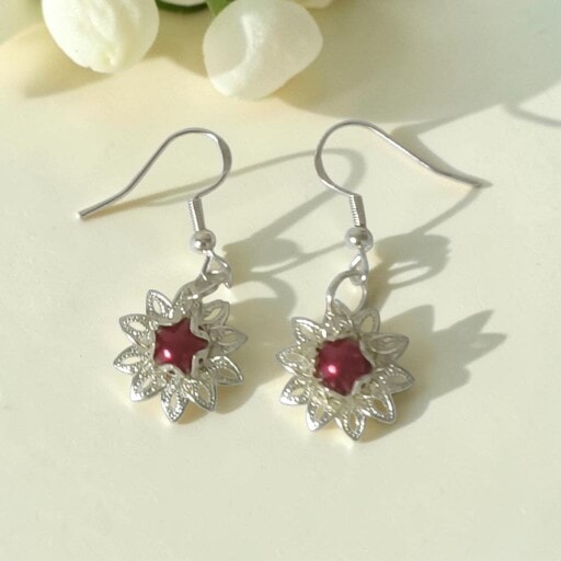 Silver & Red Lotus Flower Earrings With Sterling Silver Hooks