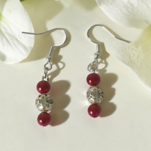 Red and Silver Sparkly Earrings With Sterling Silver Hooks