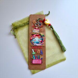 Acrylic Teacher Bookmark: Half Teacher, Half Coffee with Green Beaded Tassel