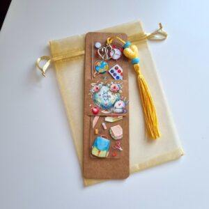 Teacher Themed Acrylic Bookmark Gift with Yellow Heart and Blue Beads
